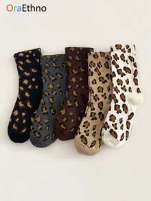 1/5 双女士豹纹中筒袜，舒适休闲透气吸湿排汗袜，趣味新奇礼物，秋季