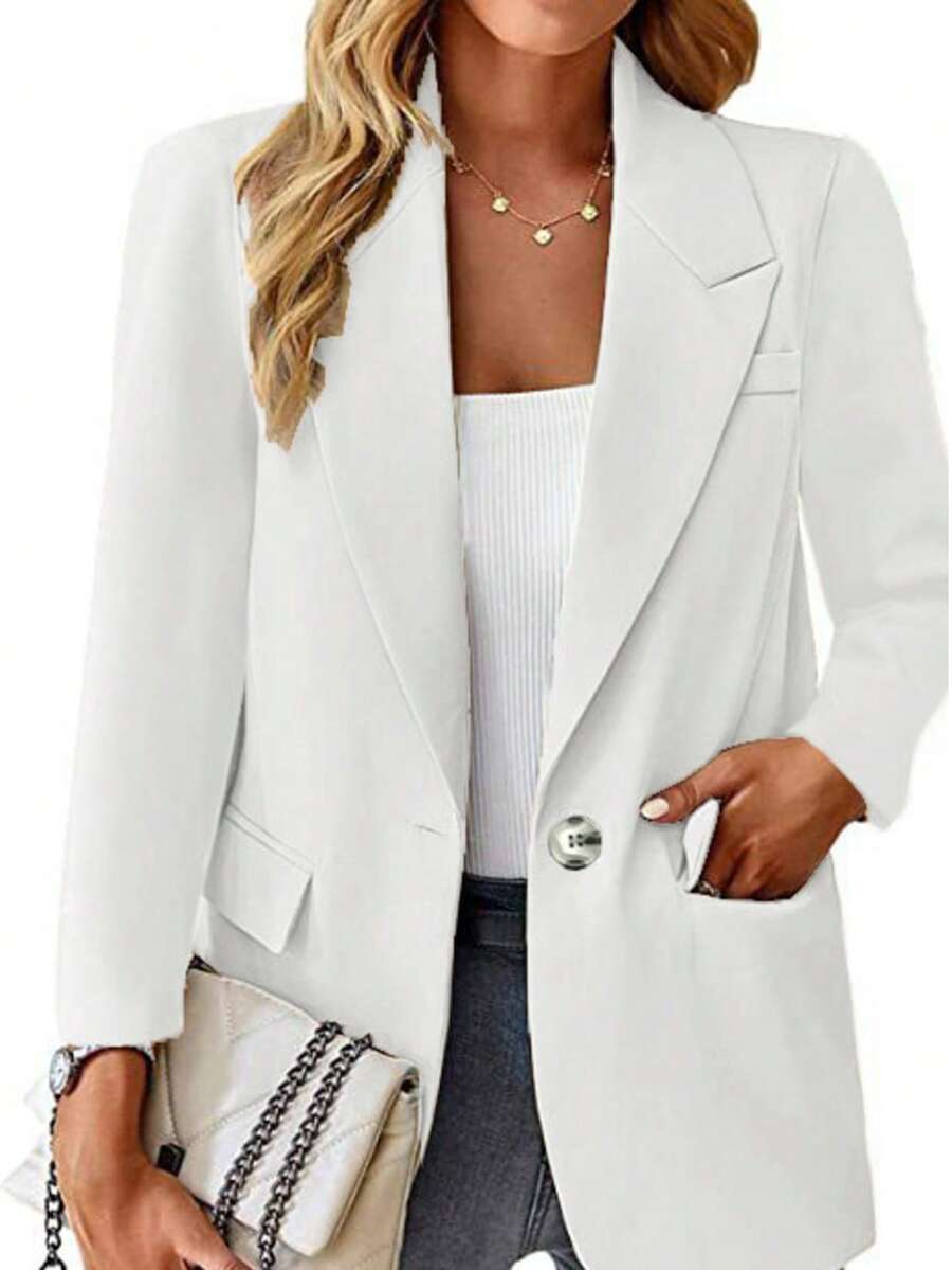 Plus Size Solid Color Blazer Jacket, Tailored Fit, Elegant Design For Women White Spring - White - View 1