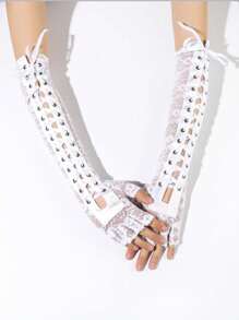 1 Pair Women's Lace-Up Long Sleeve Gloves For Wedding - Black - View 4