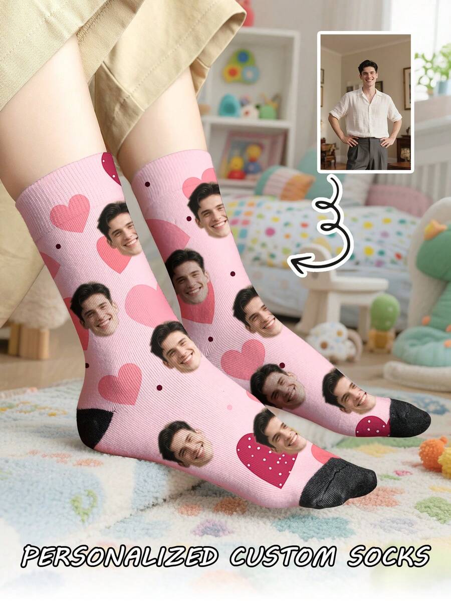 1 双定制脸儿童中筒袜，袜子上可印任意脸型，男孩女孩均可，带照片的个性化袜子，有趣的定制图片搭配中长袜，适合情人节、生日、送礼等场合，个性化、趣味、丰富多彩，创意动漫卡通设计，节日礼物，