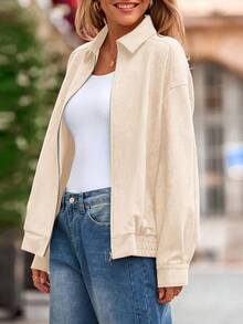 Women's Faux Suede Motorcycle Jacket  Fall Fashion Oversized Zip Up Coats Winter Clothes Outerwear - 米色 - 查看 5