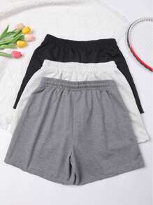 3 pièces Shorts décontractés de couleur unie, shorts de fitness de course à taille élastique avec cordon de serrage, shorts d'été pour femme, shorts de jogging, shorts de boxer pour femmes