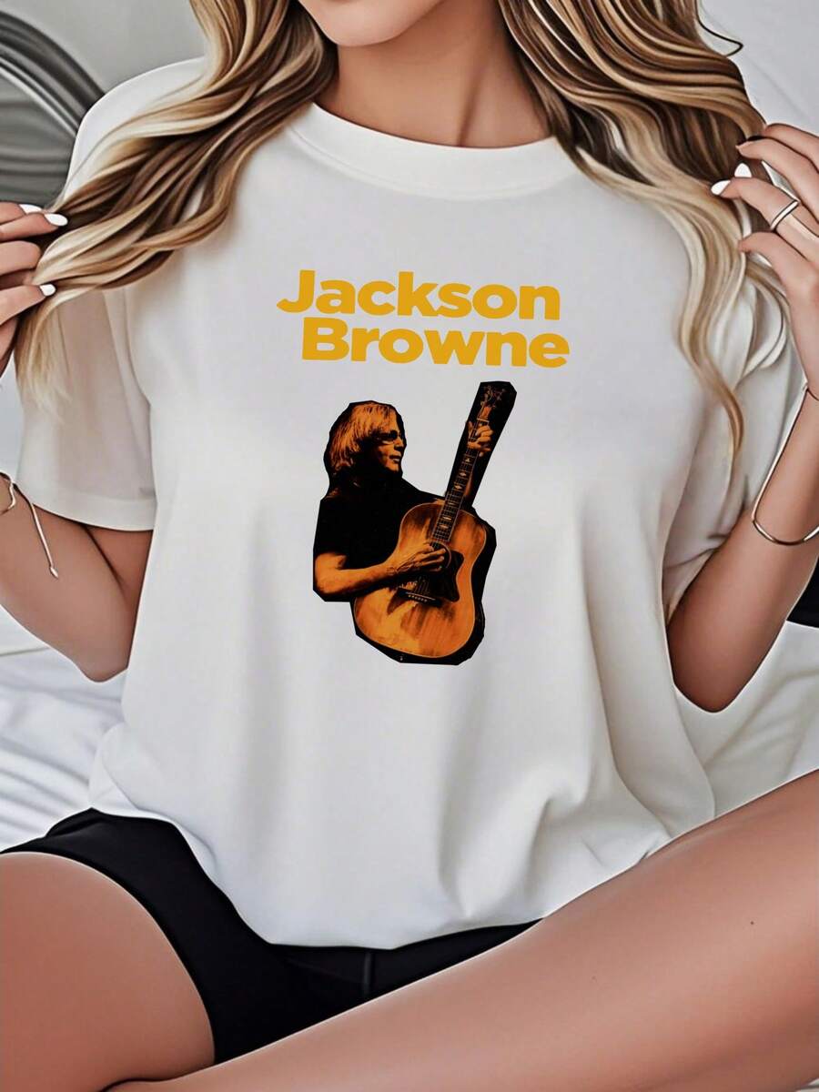 Women's-Shirt Casual Round Neck Black White Options Jackson Browne Guitar Print Graphic Tee Summer Tops Ladies Shirts Summer Tops Graphic Tees Summer Outfits Women Graphic Tees Women Crop Tops Tops Women Vintage Cotton Cute Clothes Women - trắng - Xem 1