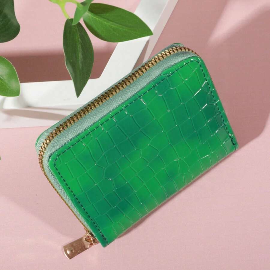 Compact Chic Mini Wallet - Faux Leather, Crocodile Print, Card & Coin Holder With Polyester Lining And Secure Buckle