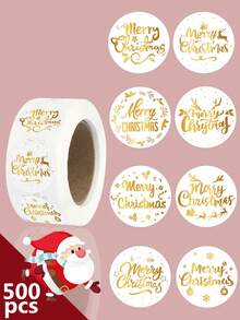 500pcs Golden Merry Christmas Round Stickers Xmas Decorative Sealing Stickers Christmas Gifts Packaging Supplies Labels Stickers Hand Ledger Stickers DIY Diary Hand Account Sticker Merry Christmas Decorations For Home 2025 New Year 2026 Decorations