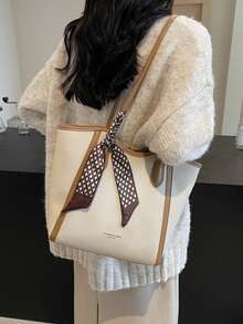 时尚纯色围巾装饰 PU 托特包，大容量通勤复古简约单肩包，百搭手提包，适合女性 - 米色 - 查看 10