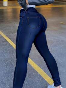 Womens Classic High Waisted Skinny Stretch Curvy Butt Lifting Jeans Slim Fit Denim Pants - 深色水洗藍 - 查看 3