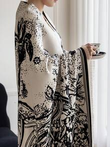 1 件仿羊绒黑白抽象蝴蝶提花沙发毯、户外野餐保暖披肩、宠物毯、办公室/露营盖毯、简约礼物，适合日常使用 - 黑色 - 查看 5