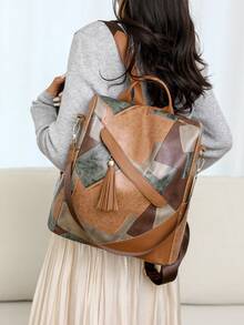 Anti-Theft Stitching Pattern Backpack, Women's Wallet, Multifunctional Fashion Daily Bag, Multi-Pocket Lightweight Travel Bag, Large Capacity Minimalist Backpack, Convenient Backpack, Suitable For Students, Nurses, Teachers, Business People, Travel, Business Trips, Commuting, Shopping, Office, Dates, Hiking, Training, Work, Birthday Gifts, Holiday Gifts, Backpack - Multicolor - View 4