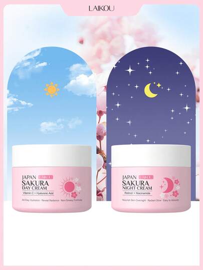  1套 LAIKOU 日本樱花日夜霜，30克，深层滋养面霜，紧致保湿乳液，抗氧化面部保湿霜，适合所有肤质，可用于自我护理、SPA、送女友礼物，也可作为化妆品使用。