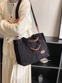 Striped Corduroy Foldable Tote Bag, Large Capacity - Black - View 7