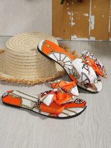 Women Flat Sole, Sandals Orange Chain, Comfortable Outdoor Vacation Gorgeous Elegant Bowknot,Spring Summer Outfits - Orange - View 4