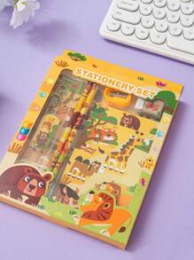 1 Set de suministros de papelería de regalo con diseño de dibujos animados para estudiantes que incluye estuche para lápices, bolsa con cremallera y artículos de papelería en una caja con diseño de regreso a la escuela