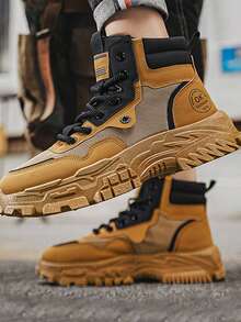 Botas de caña alta cómodas y transpirables de estilo retro para hombre, botas de hombre con suela gruesa y diseño elevado, botas de viaje para el desierto, zapatos de caña alta transpirables para hombre, zapatos informales para fiestas, zapatillas deportivas informales para estudiantes, botas de piel de caña media, zapatos de  para obras, perfectas para combinar con jerséis. - Caqui - Ver 5