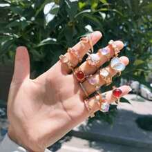 10 件套优雅粉色合成心形蝴蝶戒指套装，混合风格时尚可调节手指饰品，女士派对礼物