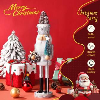 42 cm Décoration de casse-noisette argenté, couronne de sapin de Noël avec pomme de pin, figurine de soldat casse-noisette en bois, décoration de fête de Noël, cadeau de vacances