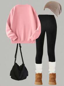 Conjunto de 2 piezas de estilo dulce y lindo para niña, con estampado de mariposa, sudadera suave y leggings elásticos, para uso diario y escolar en primavera y otoño - Rosa - Ver 3