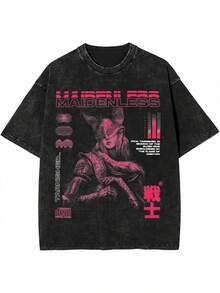 NUDEA 1pc Valentine's Day, Elden Ring Maidenless Print Washed Oversized Graphic Tee, Y2K, Streetwear, Suitable For Concert Outfit Women, Going Out Tops Women, Festival Outfits - màu đen - Xem 3