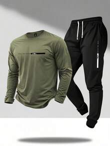Men's Thin Letter Print Long Sleeve T-Shirt And Pants Set, Fashion Casual Outfit For Spring/Autumn, Suitable For Daily Wear, Vacation, Fishing, Camping, Sports, Includes Pocket Drawstring Waist Sweatpants, 2 Pieces Set, Gift For Boyfriend/Husband - Multicolor - View 1