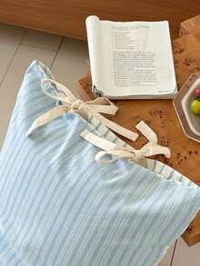 1 Vỏ gối cotton nơ phong cách Hàn Quốc, màu be nhạt/ngà/kaki/hồng thoải mái, họa tiết sọc có nơ, thích hợp cho phòng khách, phòng ngủ, ký túc xá, có thể giặt bằng máy (không bao gồm gối bên trong) - Màu xanh lam - Xem 2