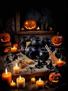 24pcs/Set Mini Plastic Cauldrons With Mini Witch Brooms, Black Witch Cauldrons With Handles, Children's Halloween Candy, St. Patrick's Day Coins Holder And Party Favors (12 Cauldrons + 12 Brooms) - Multicolor - View 3