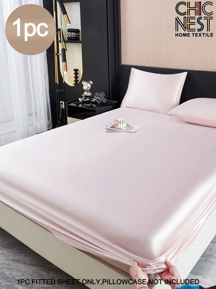 1PC Solid Color Light Pink Satin Fitted Sheet Simulation Silk Fitted Sheet With 1pc Fitted Sheet Valentine's Day Mattress Cover For Bed, Fitted Sheet Modern Soft Bedding Set For Household King Queen Full Twin Size Sheet Bedspread Deep Pocket Up To 11.8 Inch Breatheable Wrink-Free Better For Sleep, Machine Washable - Baby Pink - View 1