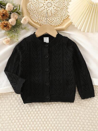 BOARNSEORL Baby Girls' Knitted Cardigan, Elegant Petal Collar Long Sleeve Button Front Sweater, Suitable For Birthday Party, Wedding, Anniversary, Daily Wear In Autumn/Winter