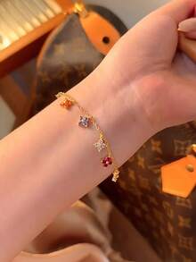 1 Stück minimalistisches, buntes Vier-Blatt-Blumen-Armband, 925er Sterlingsilber, elegantes Schmuckgeschenk für Frauen, Braut, Geburtstag, Date - Buntes vierblättriges Blumenarmband - Übersicht 7
