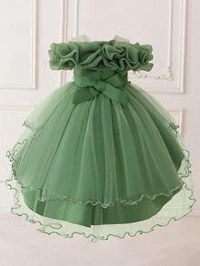 Young Girls Applique Mesh Satin Elegant Train Party Dress Suitable For Prom, Without Headband - Green - View 4