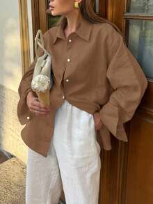 Look Polly Damen Langarmhemd, einfarbig, Einreiher, lässige Mode, rückverfolgbare Baumwolle Herbstkleidung für Frauen, Taschendesign, Schulanfangskleidung, Old Money Stil Damen Weihnachts-Knopfleiste Hemd, Damen Lehrershirts Weihnachten Thanksgiving Shirt Neujahr Look