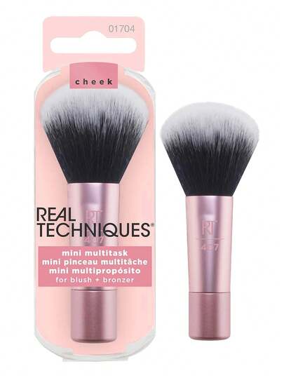 Kuas Makeup Mini Multitask Real Techniques, Untuk Perona Pipi, Bronzer & Bedak, Kuas Wajah dengan Bulu Sintetis Potongan Khusus, Untuk Bedak Tabur & Padat, Ukuran Travel, 1 Buah
