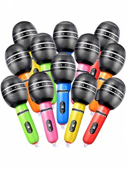 6pcs Inflatable Microphone, 9.4 Inch Inflatable Plastic Fake Microphone Prop Toy, Suitable For Musical, Concert, Karaoke, 80s 90s Party, Cosplay, Stage Decoration