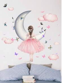 1 套梦幻蝴蝶女孩、仙女月亮蝴蝶花装饰墙贴，适用于卧室、玄关、家居，PVC 防水材料