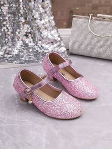 Neue Mädchen Mode Glitzer Dünne High Heel Schuhe, Tanzschuhe für ältere Kinder, Rundkopf Flache Schnallen Prinzessin Schuhe