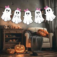 8件套万圣节女幽灵蝴蝶结粉色旗帜拉绳，可爱女幽灵和粉色蝴蝶结万圣节元素图案设计，适合万圣节派对装饰、万圣节派对背景装饰、万圣节礼物、不给糖就捣蛋、万圣节氛围装饰 - 彩色 - 查看 6