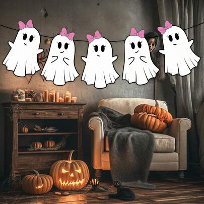 8件套万圣节女幽灵蝴蝶结粉色旗帜拉绳，可爱女幽灵和粉色蝴蝶结万圣节元素图案设计，适合万圣节派对装饰、万圣节派对背景装饰、万圣节礼物、不给糖就捣蛋、万圣节氛围装饰