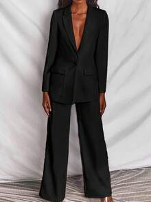 Women's Solid Color Business Suit Jacket And Pants Set - Black - View 2