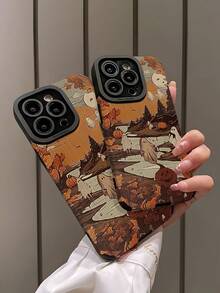 1pc Gothic Style Ghost & Maple Leaf Combination Striped Faux Leather Anti-Fall Anti-Fingerprint Shockproof Phone Case Compatible With Apple And Models