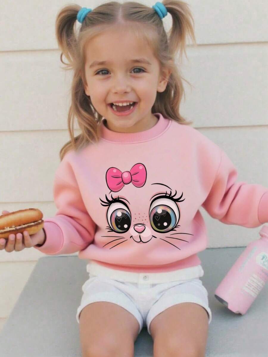 1pc Girls Casual Bow & Cute Face Print Crew Neck Sweatshirt, Minimalist Style, Suitable For Students, Autumn/Winter - Pink - View 1