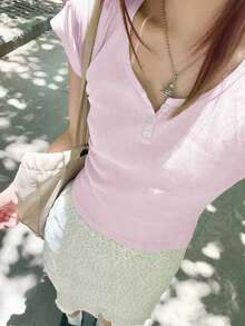 T-shirt court à col rond ajusté de style Y2K pour femmes, couleur unie sexy. Convient pour la rentrée scolaire, les voyages à la plage et les tenues décontractées à la maison en été - Rose bonbon - Voir 8