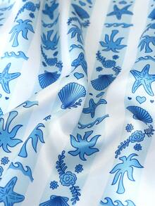 2 件套缎面睡衣套装，蓝白条纹海星和贝壳印花短袖翻领上衣和蝴蝶结短裤，女士睡衣家居服 - 藍白色 - 查看 8