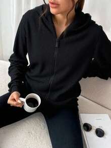 Sudadera de Mujer con Capucha y Cierre Frontal Cómoda y Calientita - Negro - Ver 3