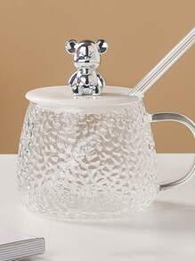 1pc Glass Coffee Mug With Simple Stripe & Straw, Water Bottle