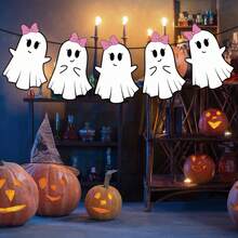 8件套万圣节女幽灵蝴蝶结粉色旗帜拉绳，可爱女幽灵和粉色蝴蝶结万圣节元素图案设计，适合万圣节派对装饰、万圣节派对背景装饰、万圣节礼物、不给糖就捣蛋、万圣节氛围装饰 - 彩色 - 查看 5