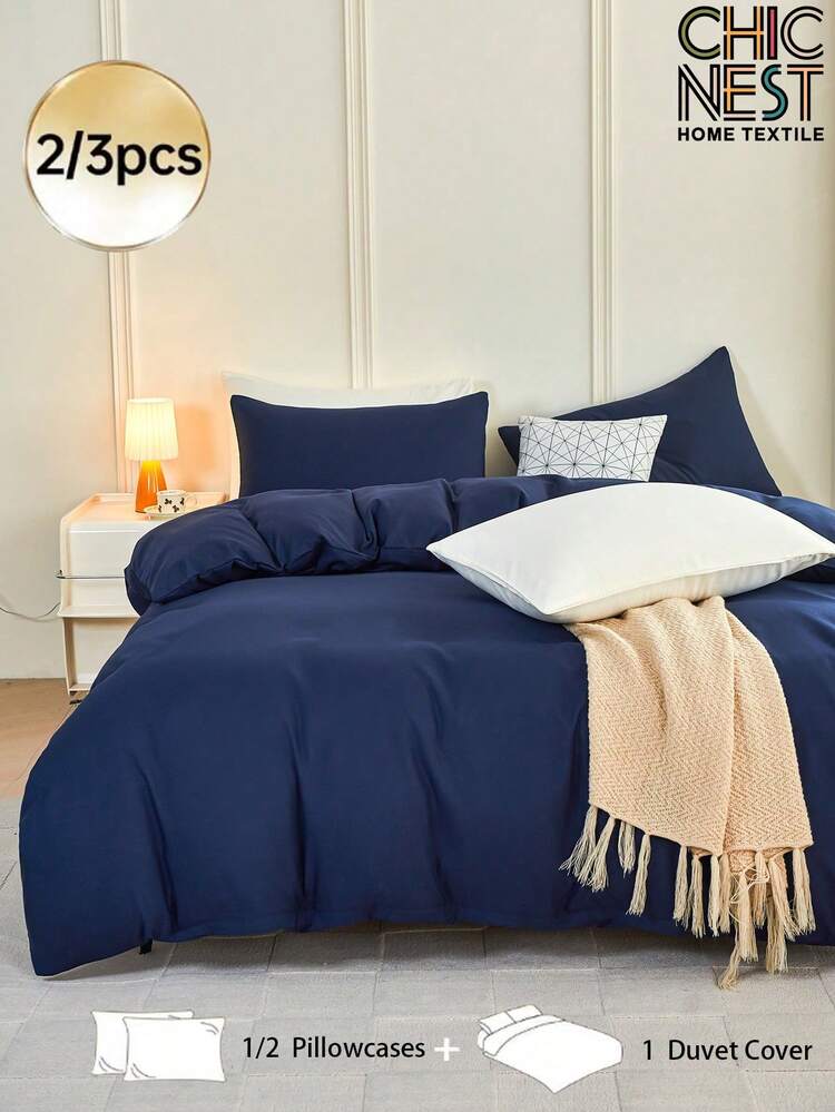 2/3pcs Purple Duvet Cover Set, Solid Color Soft Skin-Friendly Duvet Cover Set, Minimalist Style Duvet Cover Set, Comfortable Breathable, Suitable For Twin/Full/Queen/King/California King Bed - Ideal For Bedroom, Guest Room, Dorm, Includes 1pc Duvet Cover And 1/2pcs Pillow Shams (Filling Not Included), Machine Washable Bedding - Navy Blue - View 1