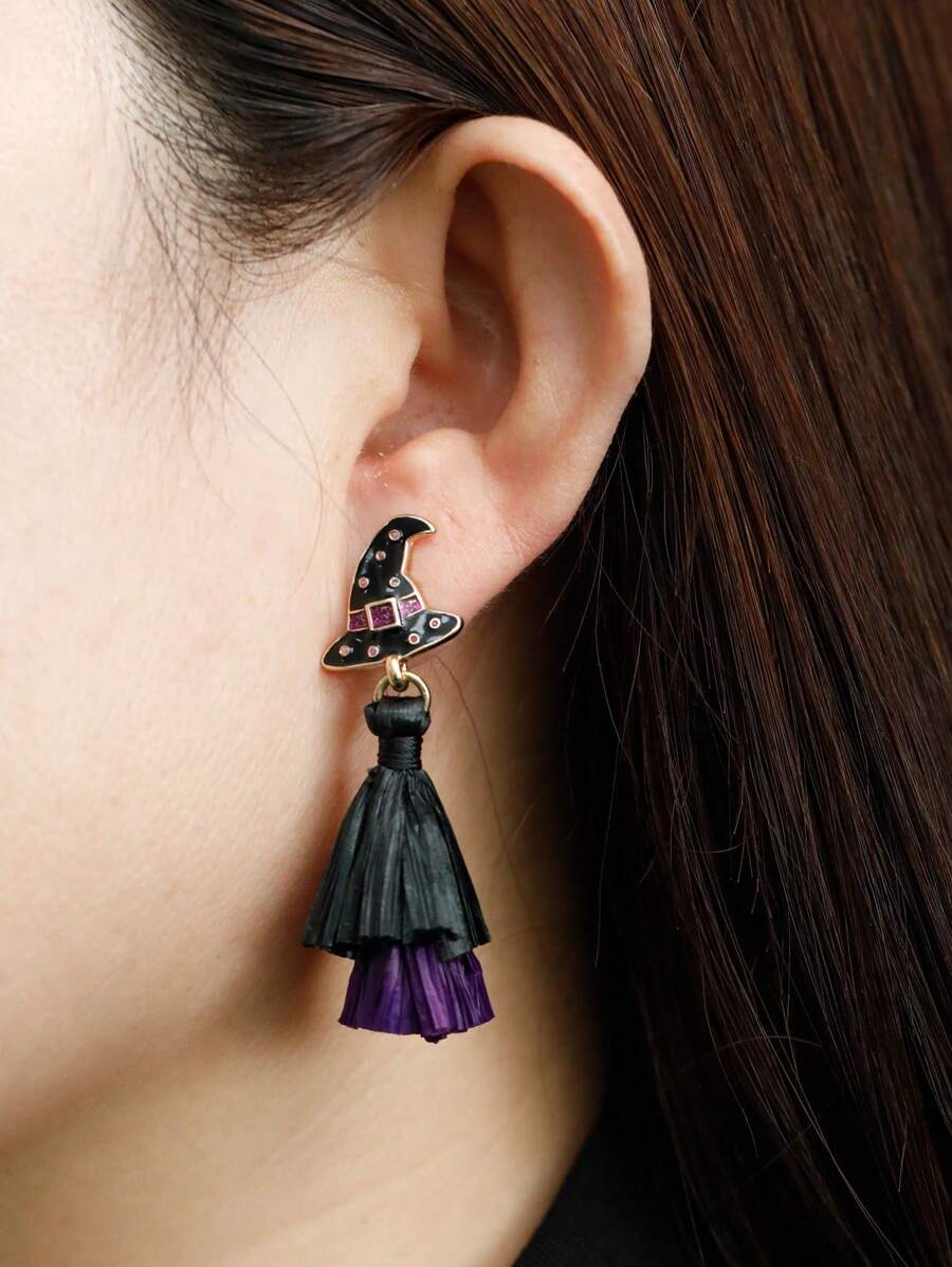 زوج من أقراط قبعة ساحرة هالوين، بتصميم تباين أسود وبنفسجي مع شرابات، إكسسوار عطلة مضحك، مناسب لحفلة هالوين، هدية