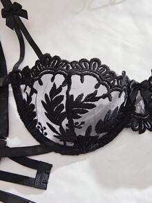 2pcs Women's Sexy Lingerie Set, Black, Ultra-Thin Breathable Mesh, Floral Embroidery, Alluring & Charming, Includes 1 Bra And 1 Thong Panty; Perfect For Valentine's Day Date