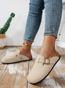 女式 2025 新款夏季平底金属扣复古百搭穆勒拖鞋，时尚休闲轻便舒适一脚蹬露背凉鞋 - 米色 - 查看 4