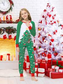 2 件圣诞节家庭装女童舒适睡衣套装，圆领趣味圣诞树图案长袖裤，舒适柔软家居服套装，适合节日派对、秋冬 - 綠色 - 查看 5