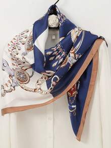 1条90厘米 x 90厘米时尚百搭多功能围巾，蓝色链条印花大方巾，防晒披肩头巾，可搭配连衣裙 - 黑與白 - 查看 7